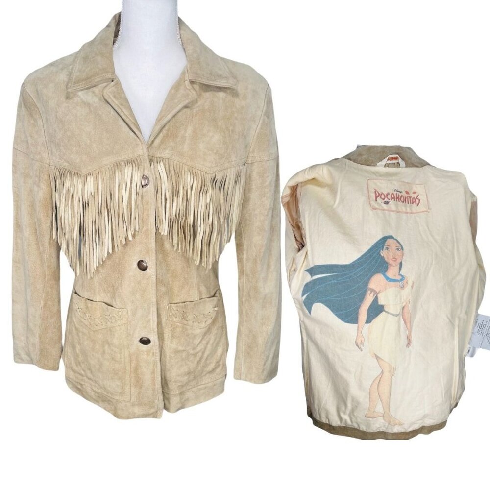 Vintage 90s Women's Disney Pocahontas Leather Pigskin Suede Fringe Jacket Small